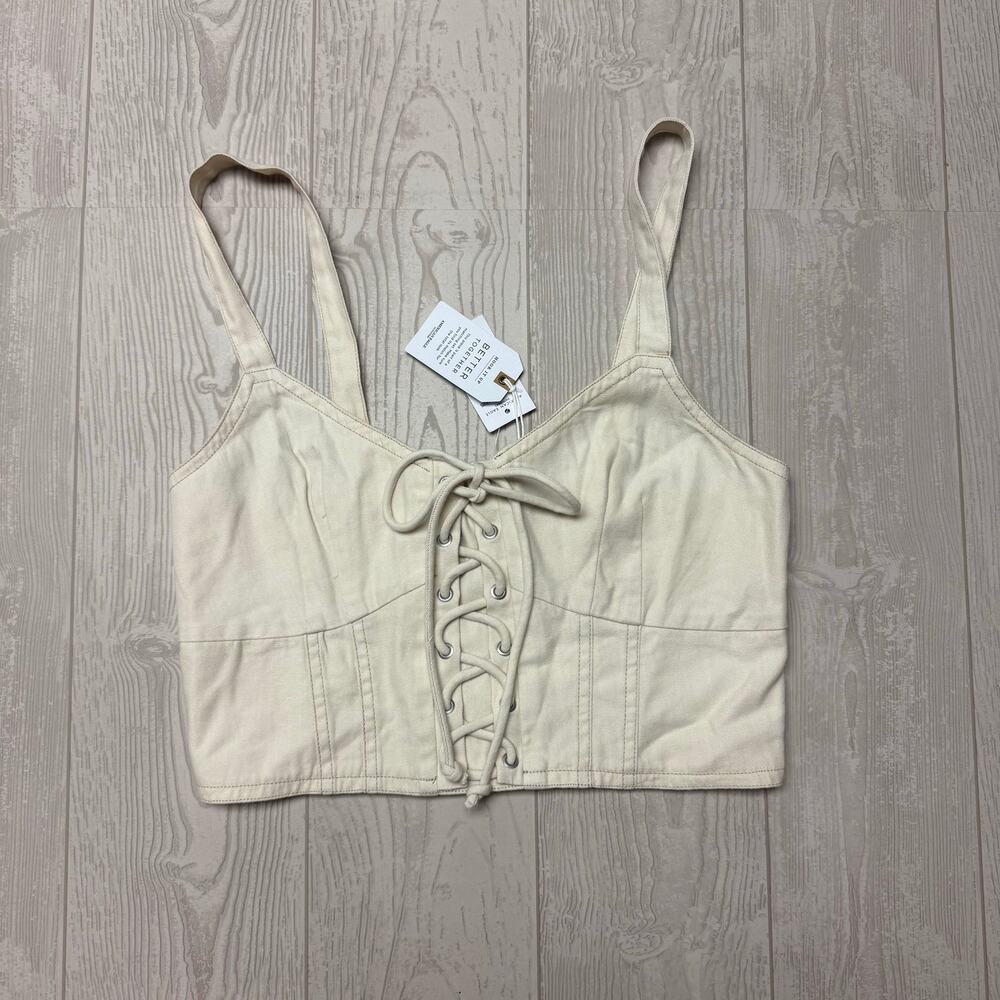 NWT American Eagle Lace Up Corset Crop Top Cream Linen Blend Women’s Small